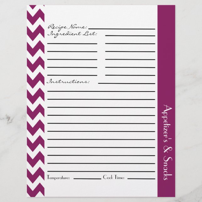 Chevron Zigzag Striped Recipe Sheets - Plum (Front)