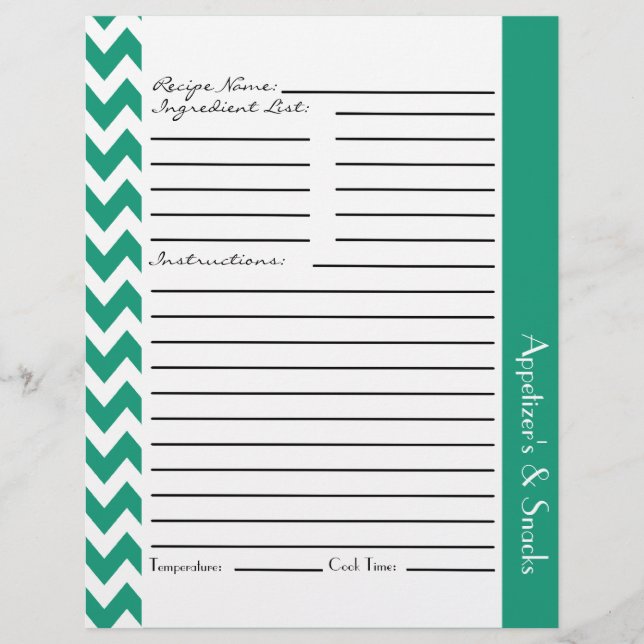 Chevron Zigzag Striped Recipe Sheets - Teal (Front)