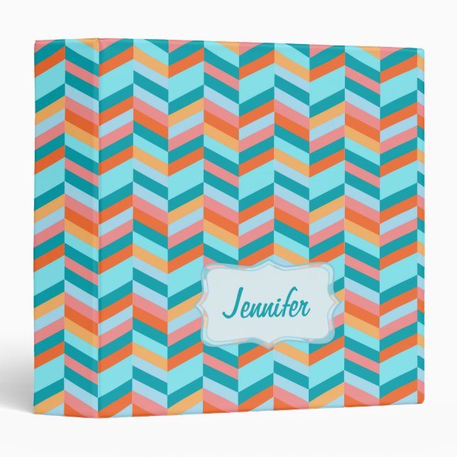 Chevron zigzag teal orange name binder folder (Front/Spine)