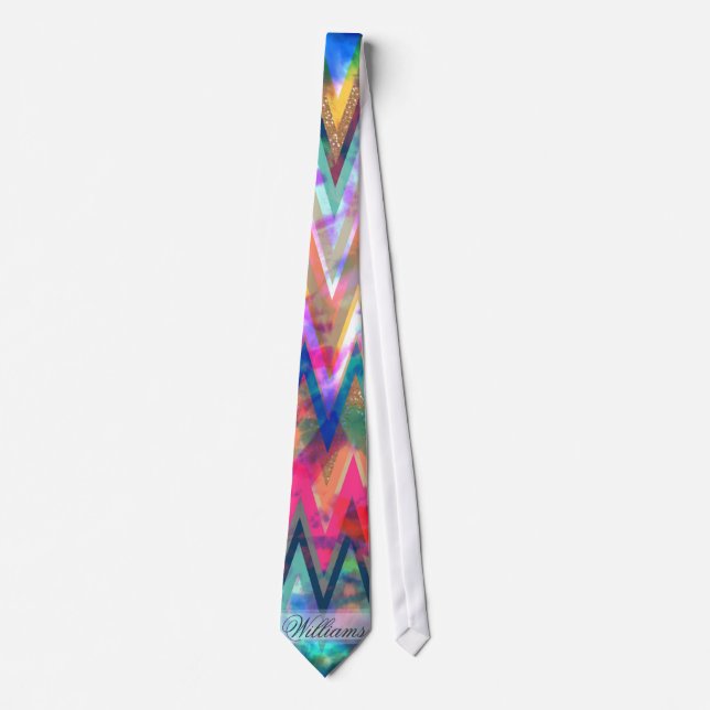 chevron zigzag tie-dye faux glitter watercolours neck tie (Front)