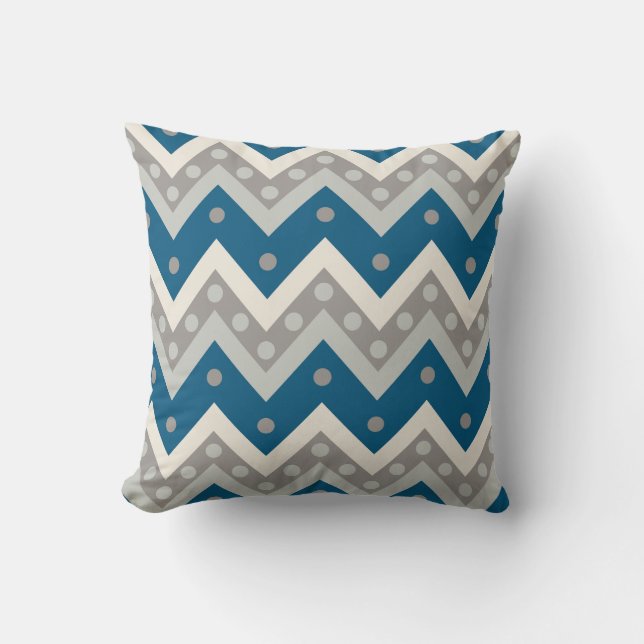 Chevrons and dots - grey and cadet blue throw pillow (Front)