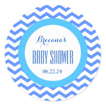 CHEVRONS Boy Baby Shower Name Date V06 BLUE Classic Round Sticker
