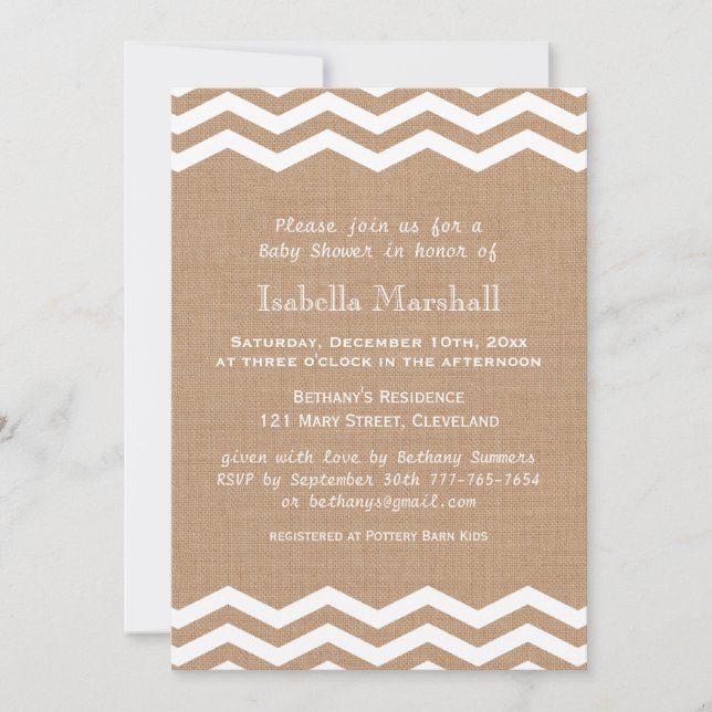 Chevrons on Burlap Baby Shower Invitation (Front)
