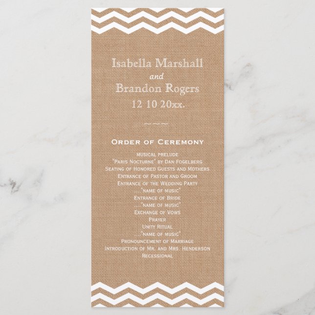 Chevrons on Burlap Wedding Program (Front)