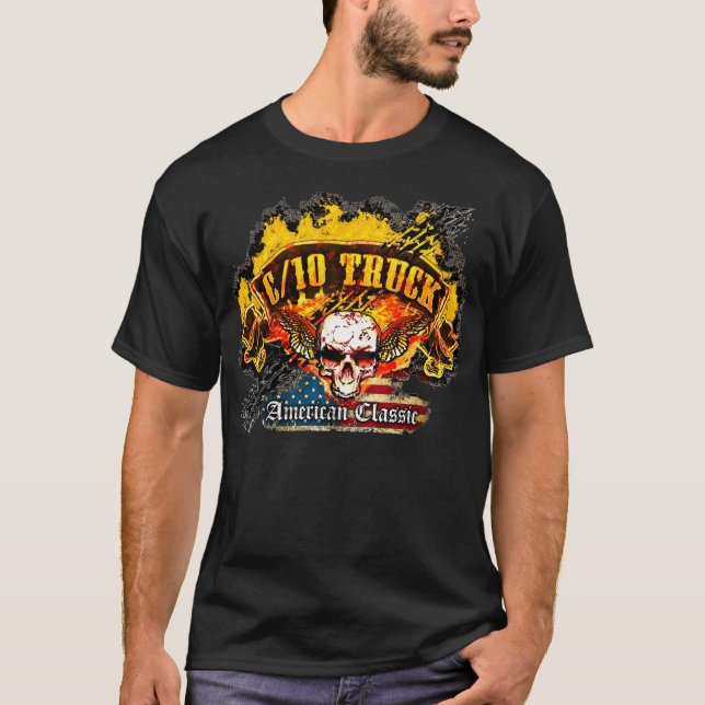 Chevy C/10 Truck - Burnout Banner Skull -n- Flag T-Shirt (Front)