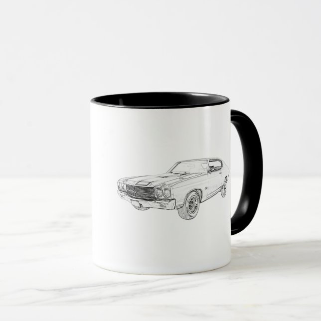 Chevy Chevelle Muscle Car Black and White Drawing Mug (Front Right)