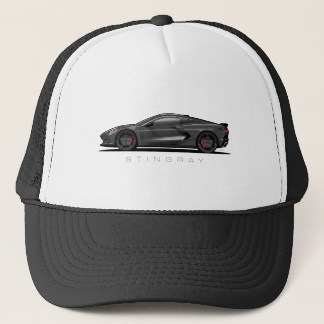 Chevy Corvette C8 Black Illustration Trucker Hat (Front)