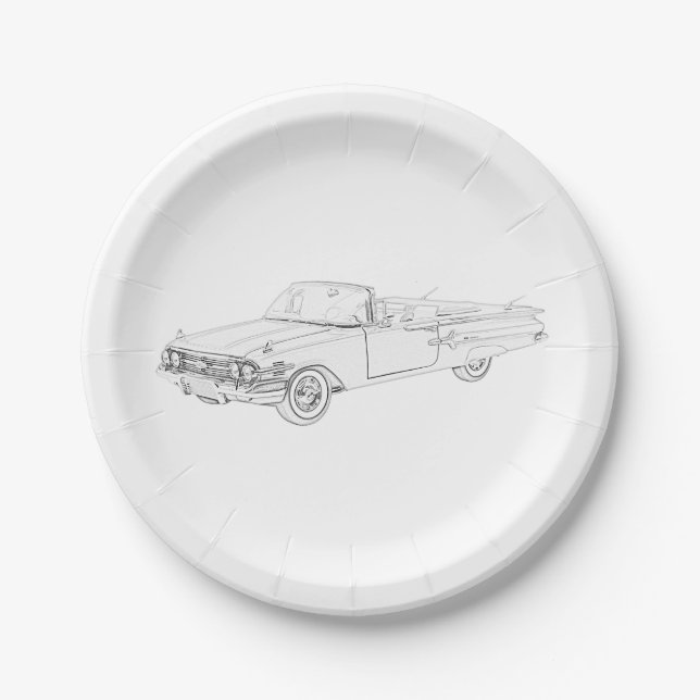 Chevy Impala Convertible Black and White Drawing Paper Plates (Front)