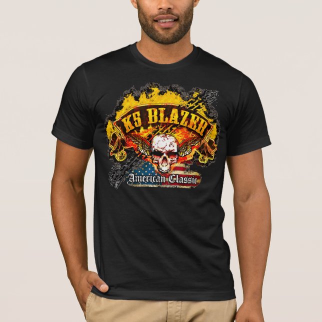 Chevy K5 Blazer - Burnout Banner Skull -n- Flag T-Shirt (Front)
