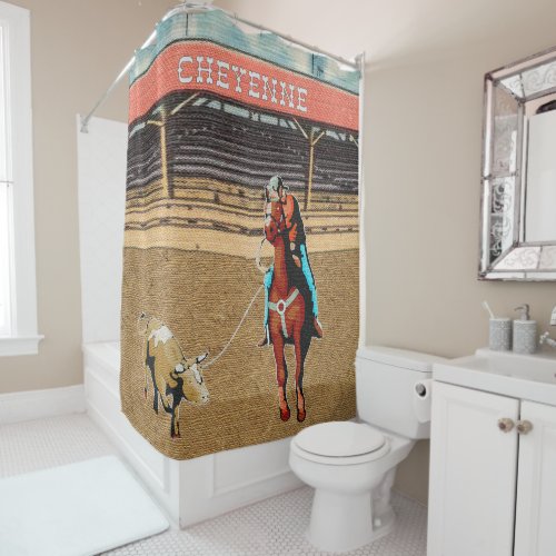 Cheyenne Rodeo Cowboy Steer Roping Team Roping Shower Curtain
