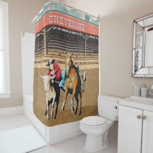 Cheyenne Rodeo Cowboy Steer Wrestling Shower Curtain