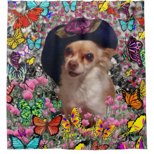 Chi Chi in Butterflies, Chihuahua Dog in Cute Hat Shower Curtain