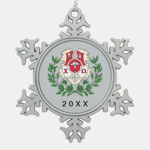 Chi Omega Crest Snowflake Pewter Christmas Ornament