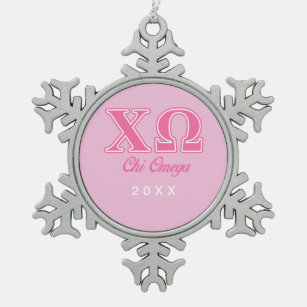 Chi Omega Pink Letters Snowflake Pewter Christmas Ornament