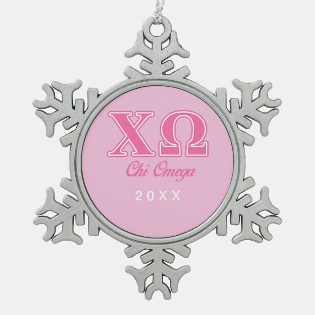 Chi Omega Pink Letters Snowflake Pewter Christmas Ornament (Front)