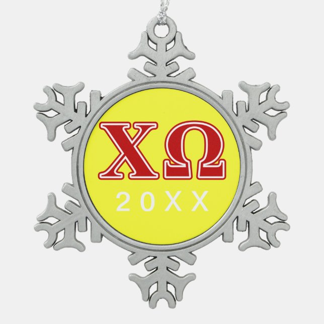 Chi Omega Red Letters Snowflake Pewter Christmas Ornament (Front)