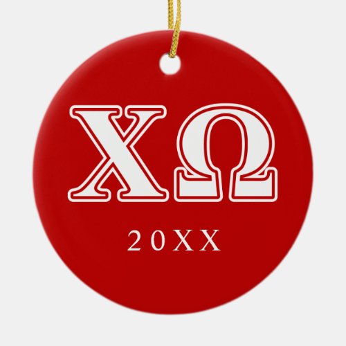 Chi Omega White and Red Letters Ceramic Ornament