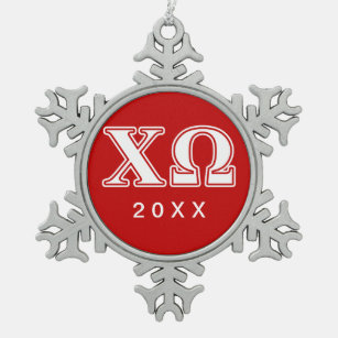 Chi Omega White and Red Letters Snowflake Pewter Christmas Ornament