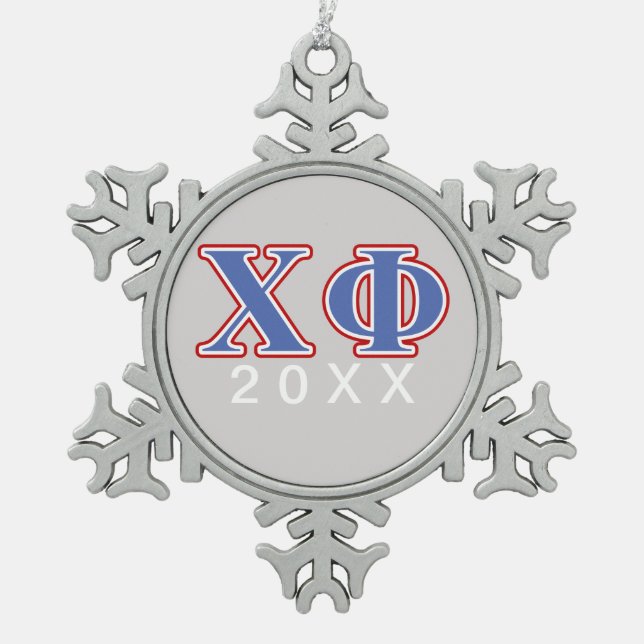 Chi Phi Blue and Red Letters Snowflake Pewter Christmas Ornament (Front)