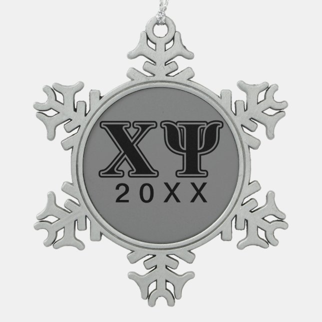 Chi Psi Black Letters Snowflake Pewter Christmas Ornament (Front)