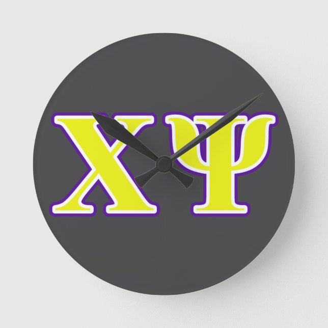 Chi Psi Yellow and Purple Letters Round Clock (Front)