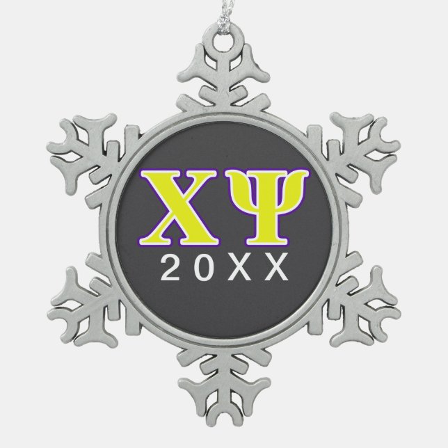Chi Psi Yellow and Purple Letters Snowflake Pewter Christmas Ornament (Front)