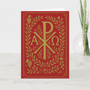 Chi Rho Alpha Omega Gold Symbol on Red Card