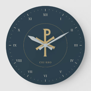 Chi Rho in Ochre Gold with Roman Numerals Large Clock