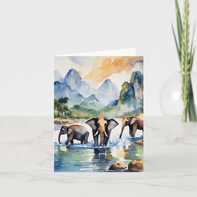Chiang Mai Elephants Thailand Watercolor Card (Front)