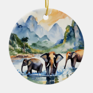 Chiang Mai Elephants Thailand Watercolor Ceramic Ornament