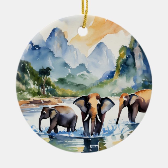 Chiang Mai Elephants Thailand Watercolor Ceramic Ornament (Front)