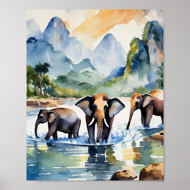 Chiang Mai Thailand Elephants Watercolor Poster (Front)