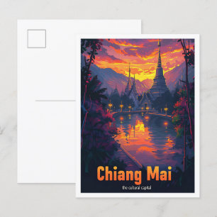 Chiang Mai Thailand Vintage Travel Illustration Postcard