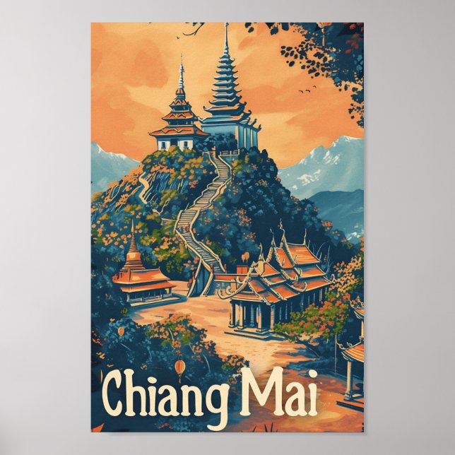 Chiang Mai Thailand Vintage Travel Illustration Poster (Front)