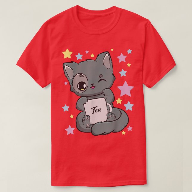 Chibi Anime Cat Drinking a Boba Tea Kawaii Neko Fa T-Shirt (Design Front)