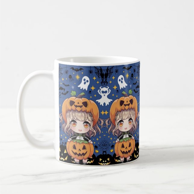 Chibi Anime Girl in Pumpkin Costume Coffee Mug (Left)