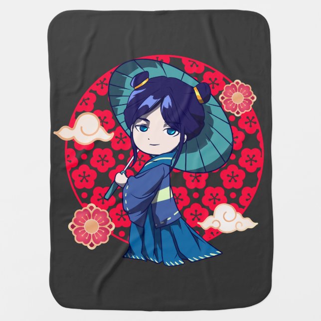 Chibi Anime Kawaii Kimono Baby Blanket (Front)