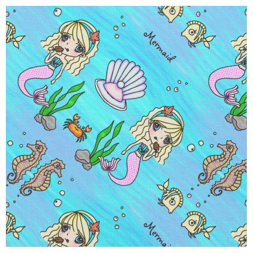 Chibi Anime Mermaid and fish personalizable fabric