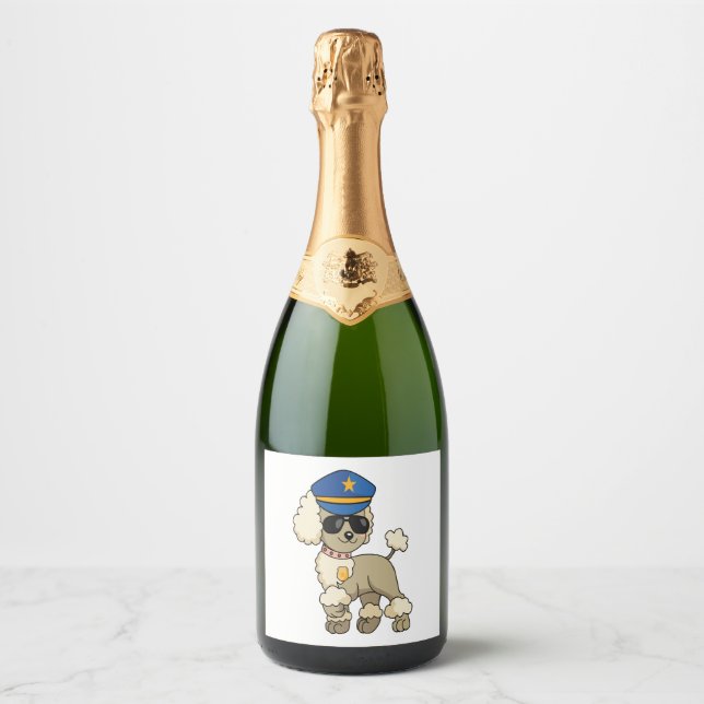 Chibi Anime Police Poodle Dog Sparkling Wine Label (Front)