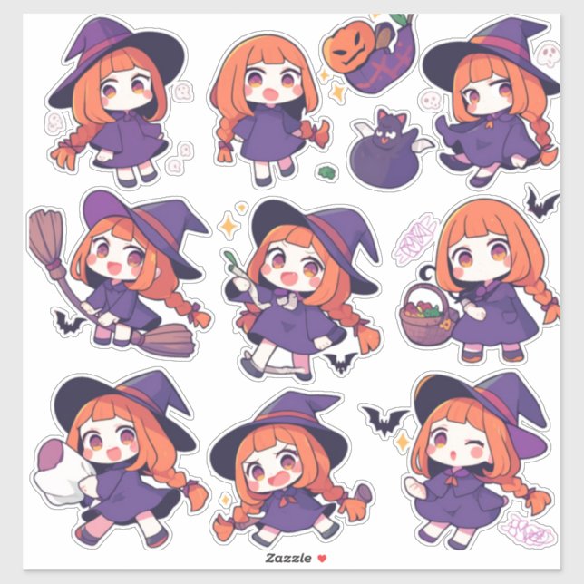 Chibi Anime Purple Witch Custom-Cut Vinyl Stickers (Sheet)