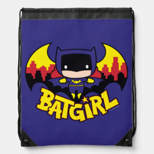 Chibi Batgirl With Gotham Skyline & Logo Drawstring Bag