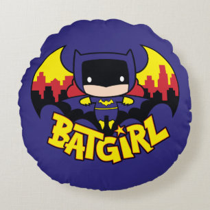 Chibi Batgirl With Gotham Skyline & Logo Round Pillow