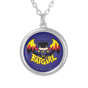 Chibi Batgirl With Gotham Skyline & Logo Silver Plated Necklace