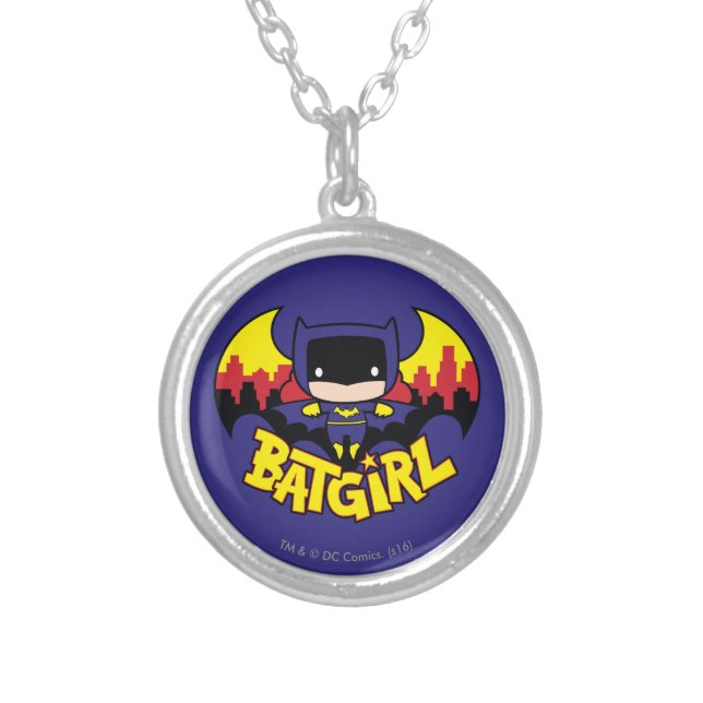 Chibi Batgirl With Gotham Skyline & Logo Silver Plated Necklace (Front)