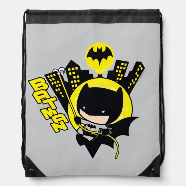 Chibi Batman Scaling The City Drawstring Bag (Front)