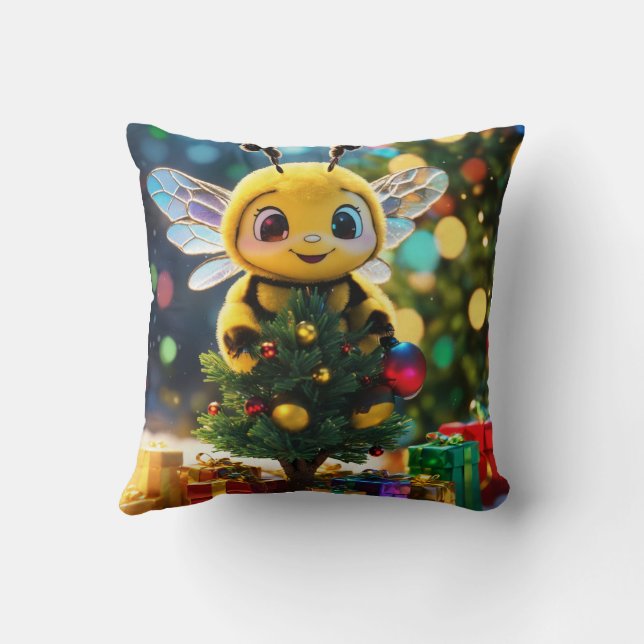 Chibi Bee's Christmas Buzz: A Stained Glass Winter Throw Pillow (Back)