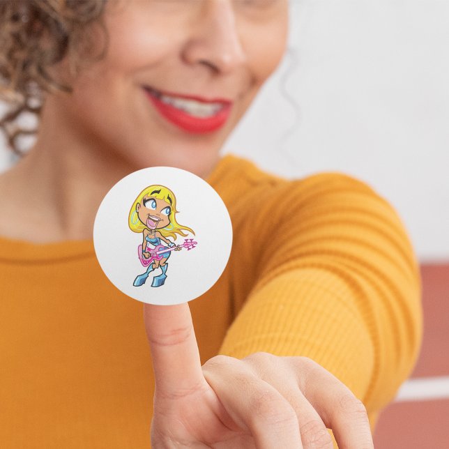 Chibi Blonde Girl Rocker Playing Pink Bass Guitar Classic Round Sticker (Creator Uploaded)