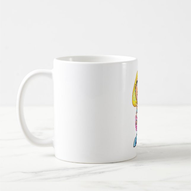 Chibi Blonde Girl Rocker Playing Pink Bass Guitar Coffee Mug (Left)