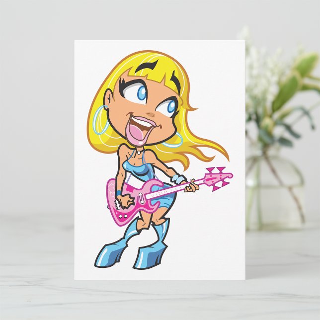 Chibi Blonde Girl Rocker Playing Pink Bass Guitar Invitation (Creator Uploaded)