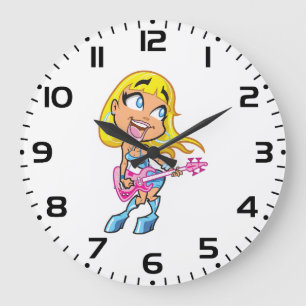 Chibi Blonde Girl Rocker Playing Pink Bass Guitar Large Clock